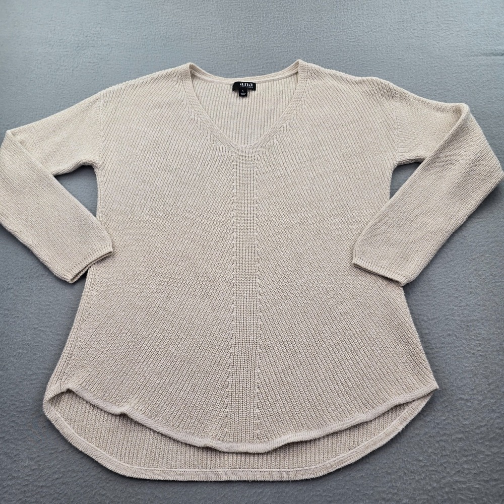 A.n.a A New Approach Sweater Womens Large Beige Cotton V Neck Tight Knit Ribbed